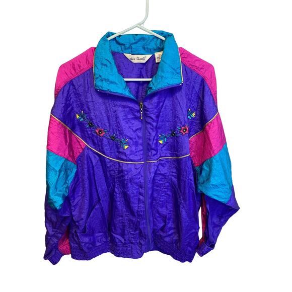 Vintage 80's Two Twenty Floral Embroidered Bright 80's Nylon Windbreaker Large - Picture 1 of 8